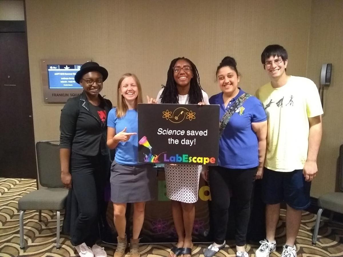 Elon, Amanda, Krystina, Sarah, and Logan after completing the LabEscape room challenge at the AAPT Summer Meeting.