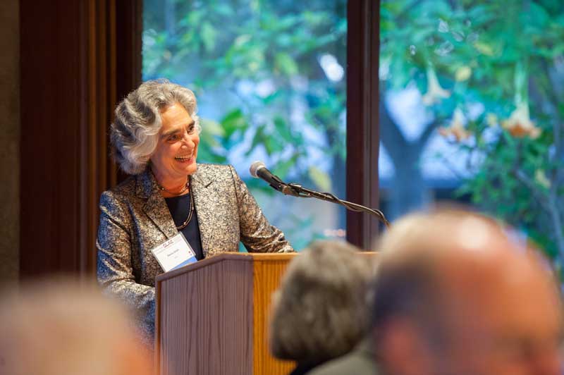 Persis Drell addresses guests at the SLAC 50th Anniversary reception and dinner at the Stanford Faculty Club, Friday August 24th, 2012. Photo courtesy of SLAC National Accelerator Laboratory.
