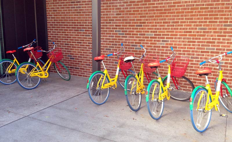 Google employees navigate the campus using a fleet of brightly painted bikes. 