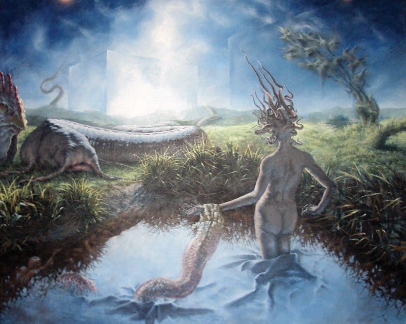 Art Student Slawek Kozub's painting “Coma” (acrylic on canvas) was created in response to a presentation about “Popular Beliefs in Pseudoscience” by Physicist Costas Efthimiou. Says Slawek, “People generally think that the natural world is separate from them and that they don’t belong in it. Some have exaggerated preconceived ideas about it, often fueled by the media’s incorrect portrayal of science. This painting represents some of those fears, those which are based on ignorance and surfaces when a phobia dominates or inhibits our approach to science. I hope this piece will turn fear into curiosity and inspire people to experience nature for themselves.”  Photo by Ivan Riascos.