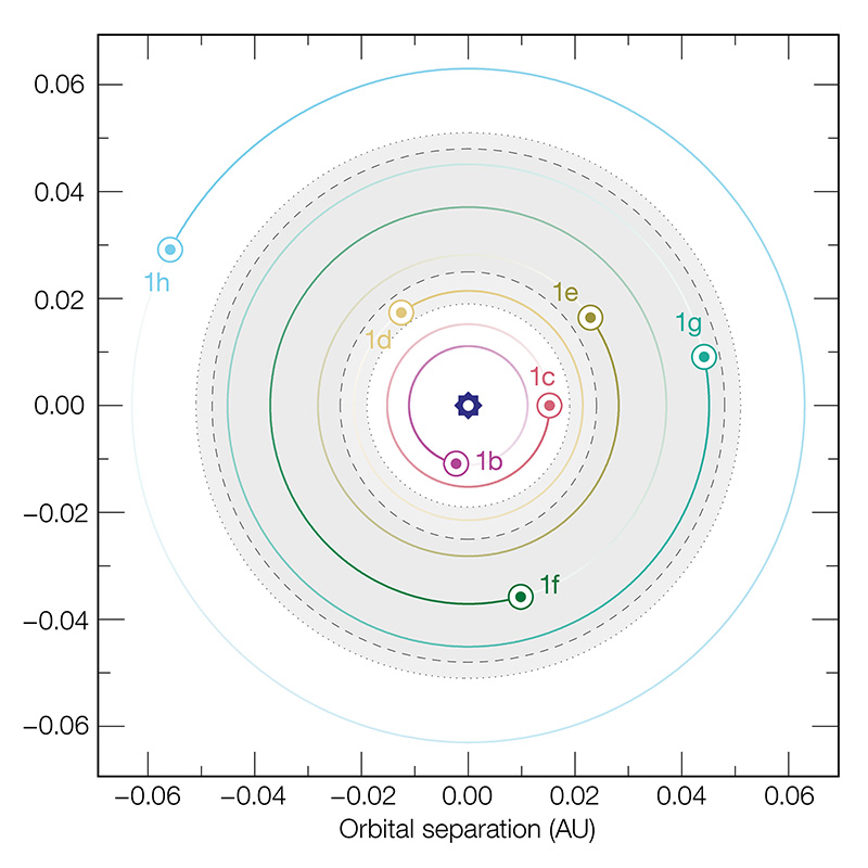 Figure 2. A graphic representation of the seven orbiting planets. The gray zone indicates the region where the authors hypothesize oceans would be able to form. 
