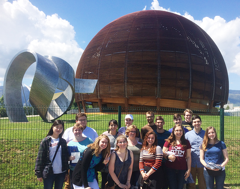 At the entrance of CERN, Meyrin campus outside of Geneva. 