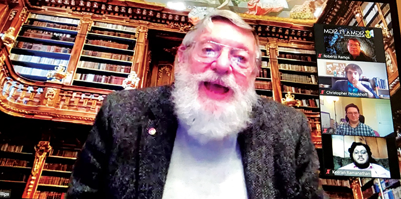 Physics Nobel laureate William Phillips gives a talk during the University of the Sciences virtual induction last spring. Image courtesy of Roberto Ramos.