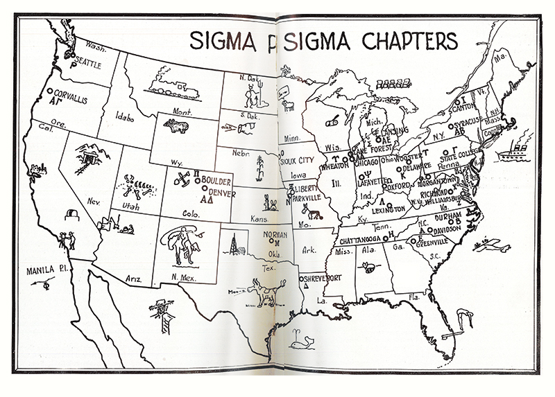 Map of Sigma Pi Sigma chapters, reprint from page 24, September 1935, Radiations