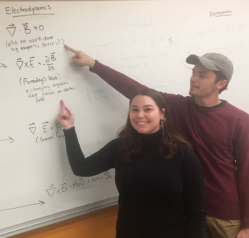 George Washington University SPS students Erin Mulhearn and Ian Dragulet hard at work discussing surfaces, gradients, and curls in Griffith’s Introduction to Electrodynamics course. Photo by Gary White.