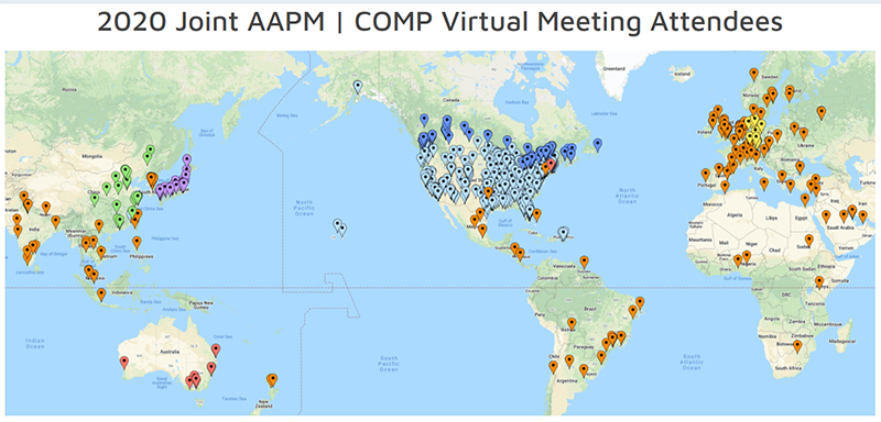 A map showing the locations from which AAPM|COMP attendees participated in the virtual meeting.  Image courtesy of AAPM|COMP. 