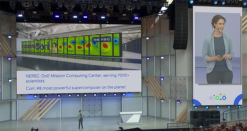 Debbie Bard delivers a talk on advances in machine learning and implications for cosmology research at Google I/O, Google’s developer conference. A video of the talk is available at https://youtu.be/t81QhHaMS7w. Photo courtesy of Debbie Bard.