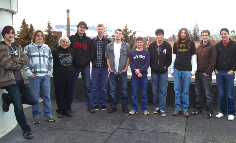 The Central Washington University SPS chapter received a 2013 SPS Marsh W. White outreach award. Members who participated in the project include (l-r) Ryan Corbin, Hans Berghoff, Sharon Rosell, John Pitts, Trevor Taylor, Anthony Douse, Addison Wenger, Jordache Richardson, Andrew Kerr, Richard Grist, and Christopher Pearce. Photo courtesy of Sharon Rosell.