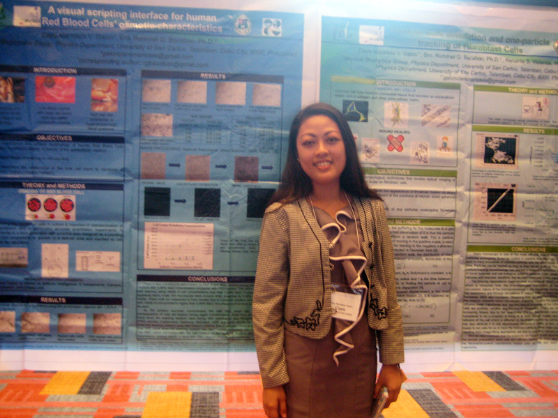 The author presents her work on red blood cells at a poster session. Photo courtesy of Clare Galon.