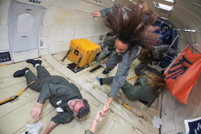 The Howard University  team experiences zero gravity as the vomit comet plummets toward Earth. Photo courtesy of Janelle Holmes.