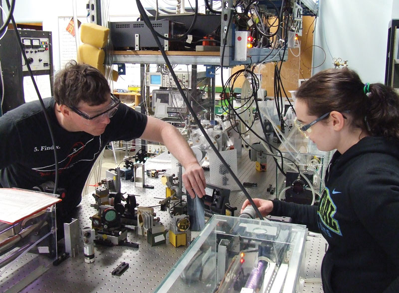 Mike Jackson and his undergraduate researcher Clarissa Gerke work in the far-infrared laser lab at Central Washington University. Photo courtesy of the author.