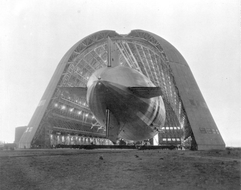 Circa 1934 photo of Hangar 1 with the dirigible U.S.S. Macon. Photo courtesy of NASA Ames Research Center.