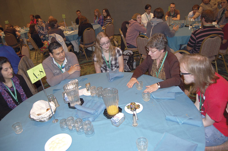 Breakfast with the Scientists is an opportunity for students to personally interact with professional physicists in small groups. Sometimes the only practicing physicists many students interact with are their professors, and this event affords them the opportunity to talk with scientists involved in careers outside academia. Participating scientists at PhysCon 2012 included (left to right, starting at top)  Freeman Dyson (center), Shelly Arnold (center), John Mather (left), and Jocelyn Bell Burnell (second from right). Images courtesy of the American Institute of Physics.