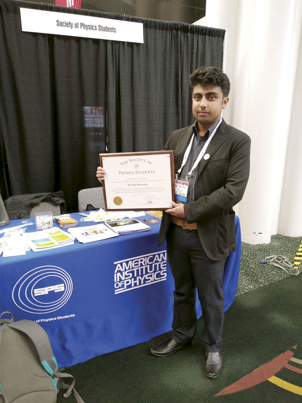 Arpan Sharma poses with the charter for the Vel Tech University SPS chapter, which he received at the APS April Meeting. This is the maiden SPS chapter in India.