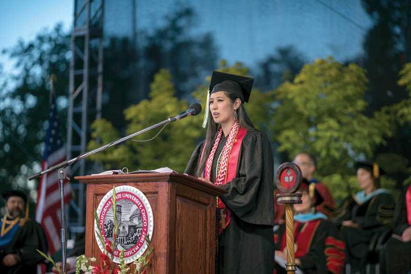 Lisa Pham sharing her story during the California State University, Chico commencement in May 2017. Photo courtesy of Jason Haley, Chico State photographer.