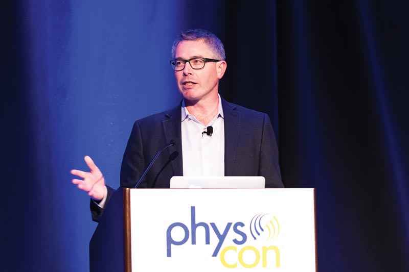 Dr. Patrick Brady talks at the closing plenary session at PhysCon 2016. Photo courtesy Ken Cole