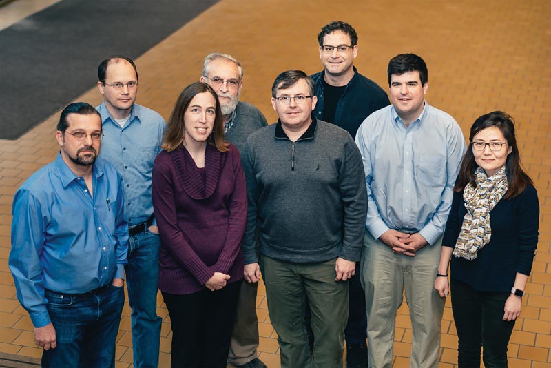 Dr. Kiril Streletzky (PI), Dr. Nolan Holland, Dr. Jessica Bickel (co-PI), Dr. Miron Kaufman, Dr. Petru Fodor, Dr. Andrew Resnick, Dr. Chris Wirth, Dr. Geyou Ao, Not Pictured - Dr. Chandra Kothpalli. Participating faculty of the Softmatter REU at Cleveland State University. Photo courtesy Dr. Kiril Streletzky
