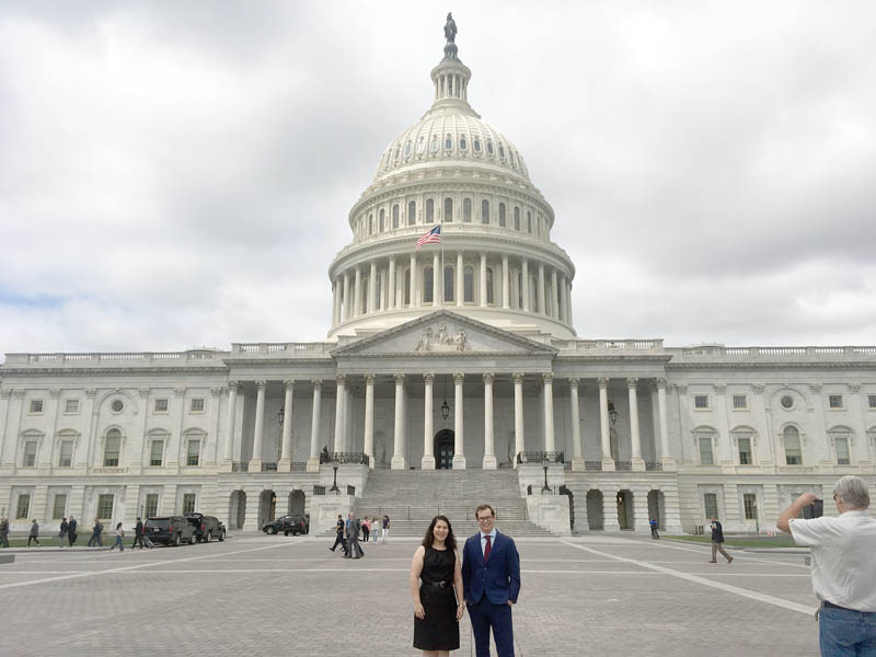 SPS associate zone councilors Hannah Hamilton and Nick DePorzio are pictured in front of the US Capitol Building during the 2017 Congressional Visits Day, organized by the Science–Engineering–Technology (SET) Working Group. Photo by Kerry Kidwell-Slak.