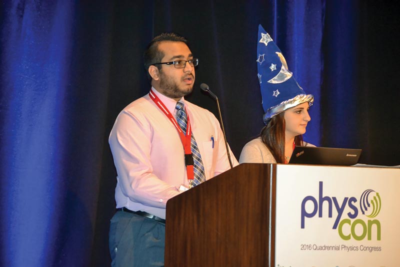 At PhysCon 2016, Deval Mehta, associate zone councilor representative (’15-’16), and Sally Dagher, Zone 7 associate zone councilor, introduce Bill DeGraffenreid, PhD, (not pictured) and Brad Conrad, PhD, (not pictured) during the closing workshop. Photos courtesy of the American Institute of Physics. 