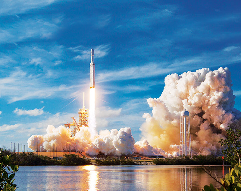 The Falcon Heavy rocket takes off from pad 39A at the Kennedy Space Center in Florida. Photo courtesy of SpaceX.