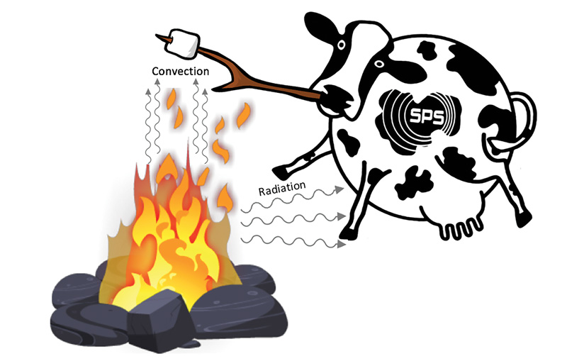 Figure 2. A spherical cow roasting a nonspherical marshmallow over an ideal campfire (not to scale). Note that hot air and radiation are emitted from the campfire.