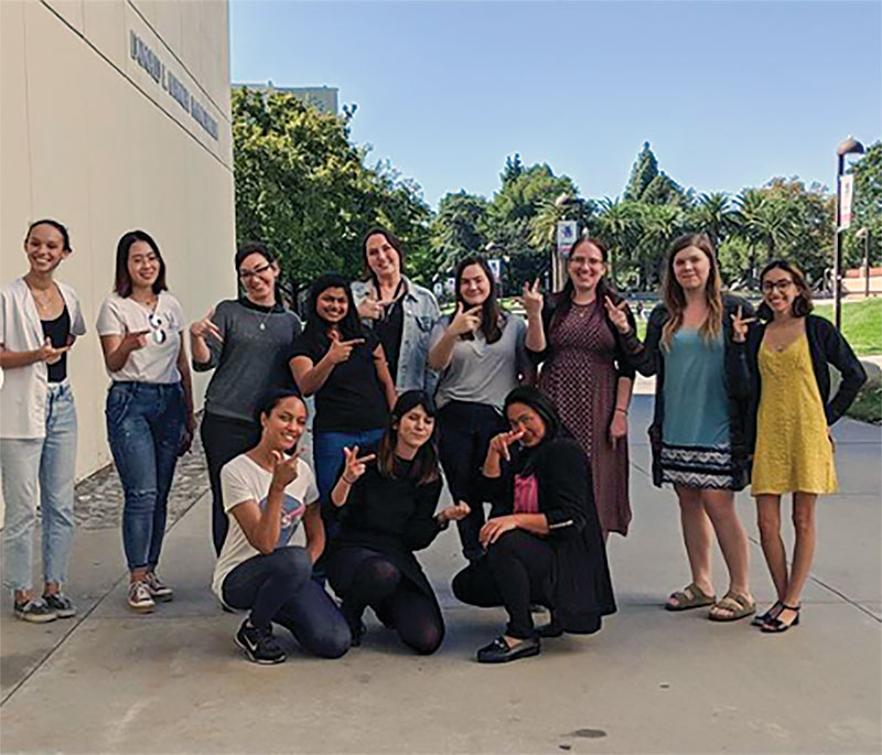 Speakers Diana Blanco (CSUN alumna) and Ravipa Losakul (UCSC alumna) in the lower center and lower right, along with participants in the Fall 2019 Women in Physics event at CSUN.