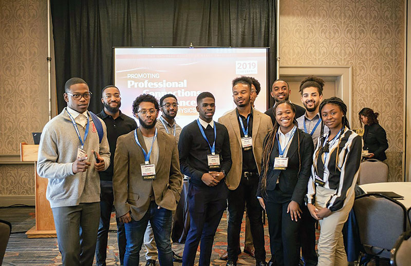 Physics students from Howard University and Morehouse College at the 2019 National Society of Black Physicists (NSBP) meeting in Providence, RI, which was also the site of PhysCon 2019. Photo courtesy of the Howard University 2019-20 SPS chapter report.