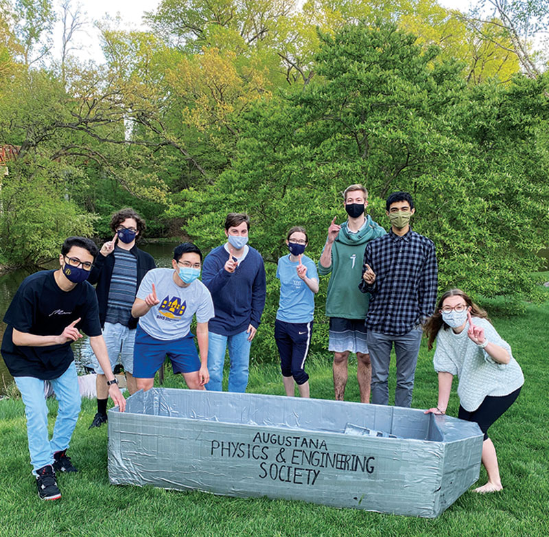 Members of Augustana College’s SPS chapter, known as the Physics and Engineering Society (A.P.E.S.), celebrate taking first place in the 2021 Regatta. Photo courtesy of the chapter.