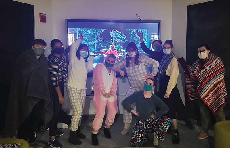 Bryn Mawr SPS members enjoy a pajama movie night during finals week in the fall of 2021. Photo courtesy of the chapter.