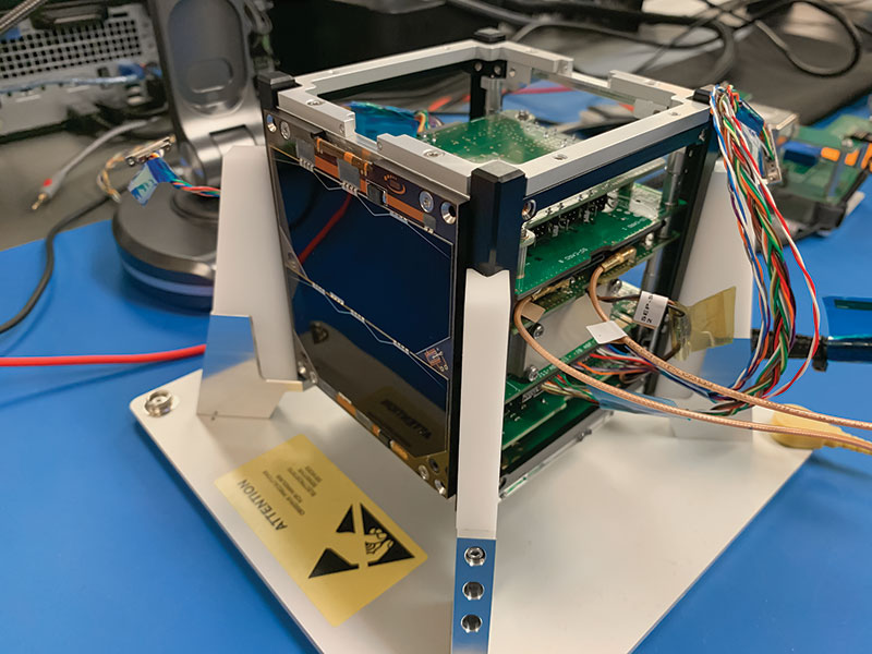 An engineering model of the satellite used for development and testing. Photo courtesy of the Rhodes CubeSat team.