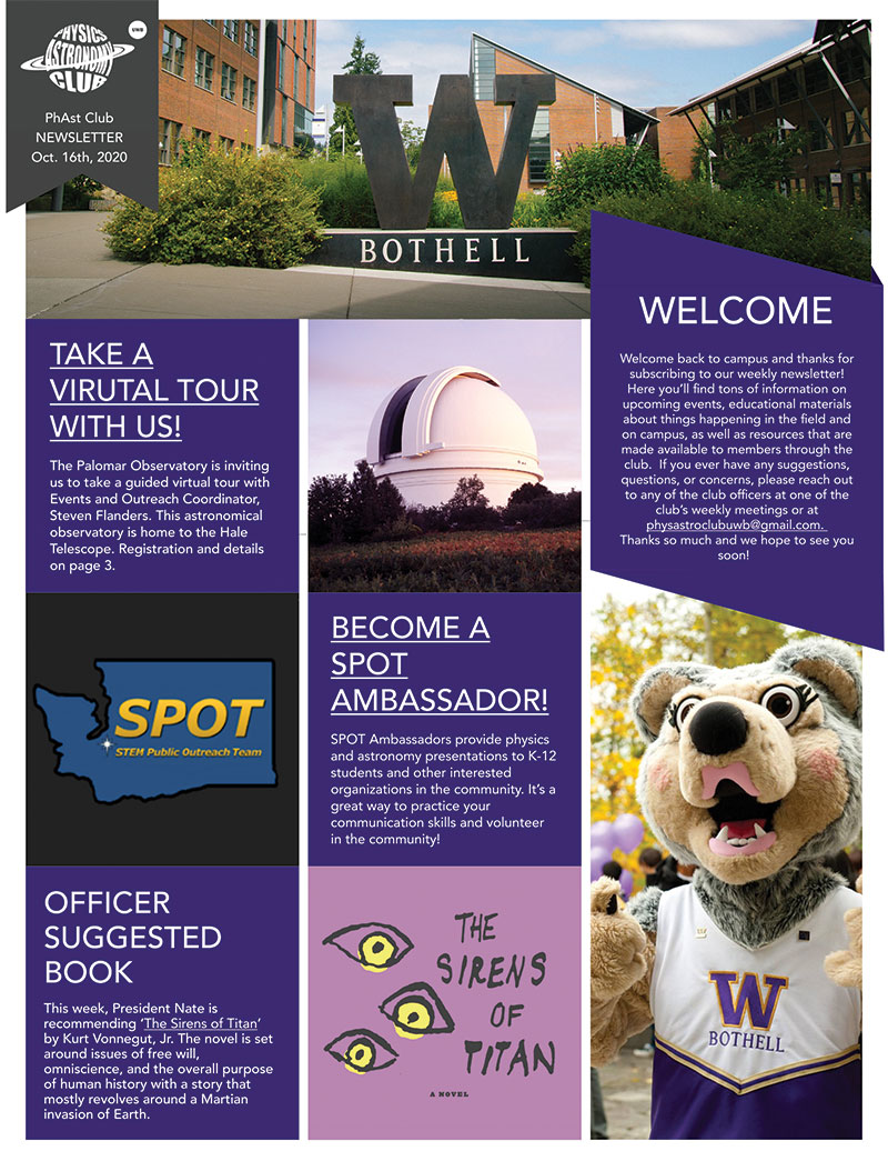 A preview of one of the University of Washington Bothell SPS chapter’s weekly newsletters.