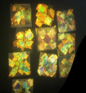 The &quot;polarized stained glass&quot; demo! Even though the tape is clear on the transparency film, the students were clearly doing some pretty intricate designs!