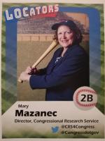 Baseball card featuring Mary Mazanec, 2nd base-woman of The Locators, and Director of the Congressional Research Service.