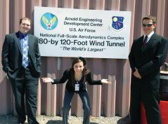  Students Riley Ruse, Natalie Kellet, and Caleb Carr visit the world's largest wind tunnel. Photo courtesy of Randall Tagg.
