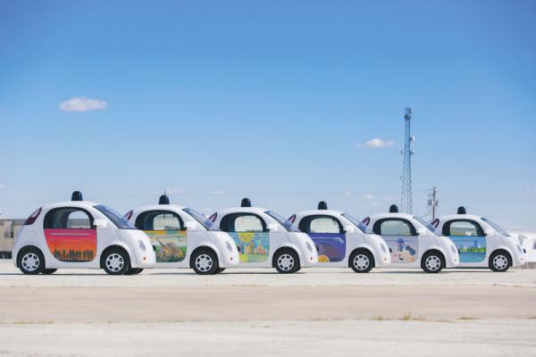 Google self-driving vehicle prototypes were embellished by local artists for a “Paint the Town” event in Austin, TX. Photo courtesy of Google.